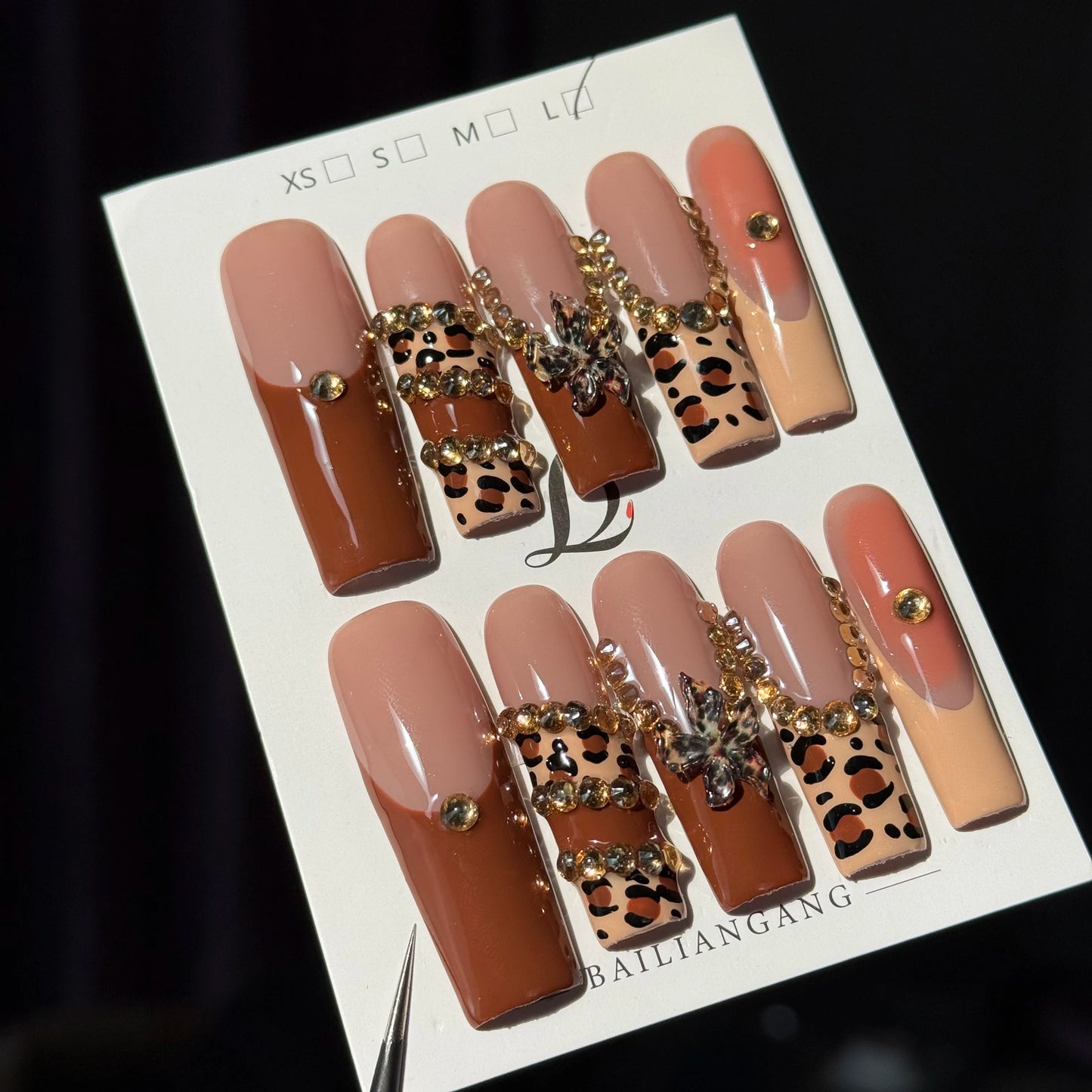 10pcs high-end Maillard color series, hand-painted leopard print, three-dimensional carvings, shiny small diamonds handmade Fren