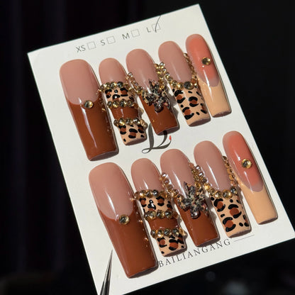 10pcs high-end Maillard color series, hand-painted leopard print, three-dimensional carvings, shiny small diamonds handmade Fren