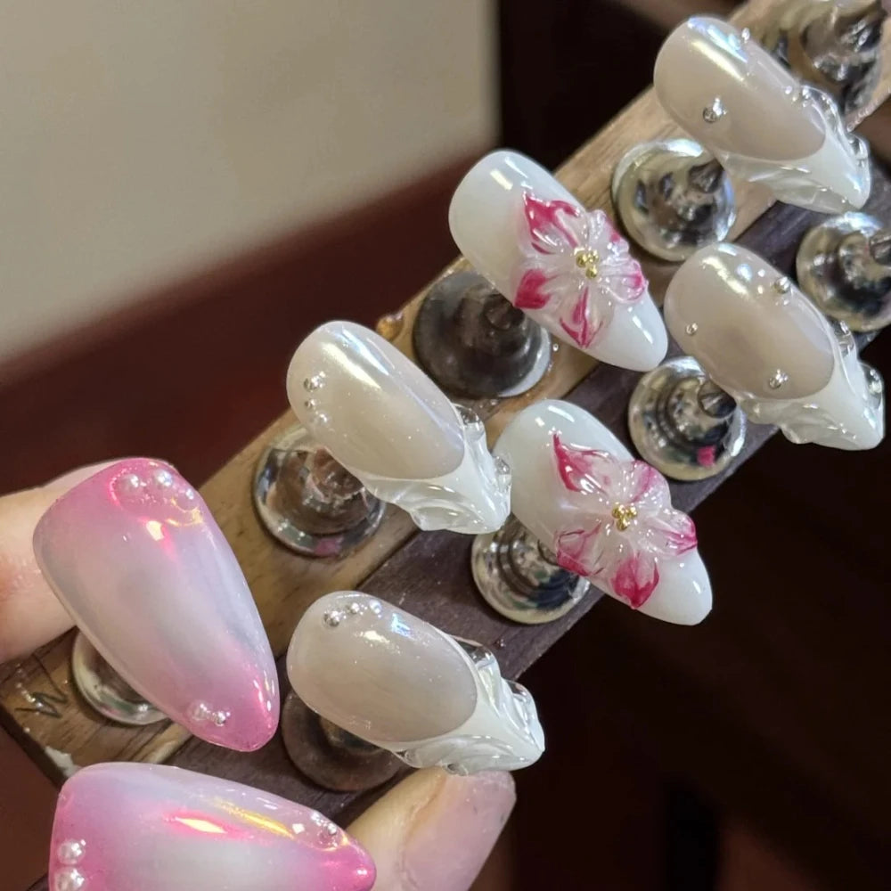 2025 Summer Trendy Handmade Nails Almond Press On Nails 10Pcs 3D Flower Design False Nails with Adhesive Glue & Nail File Set