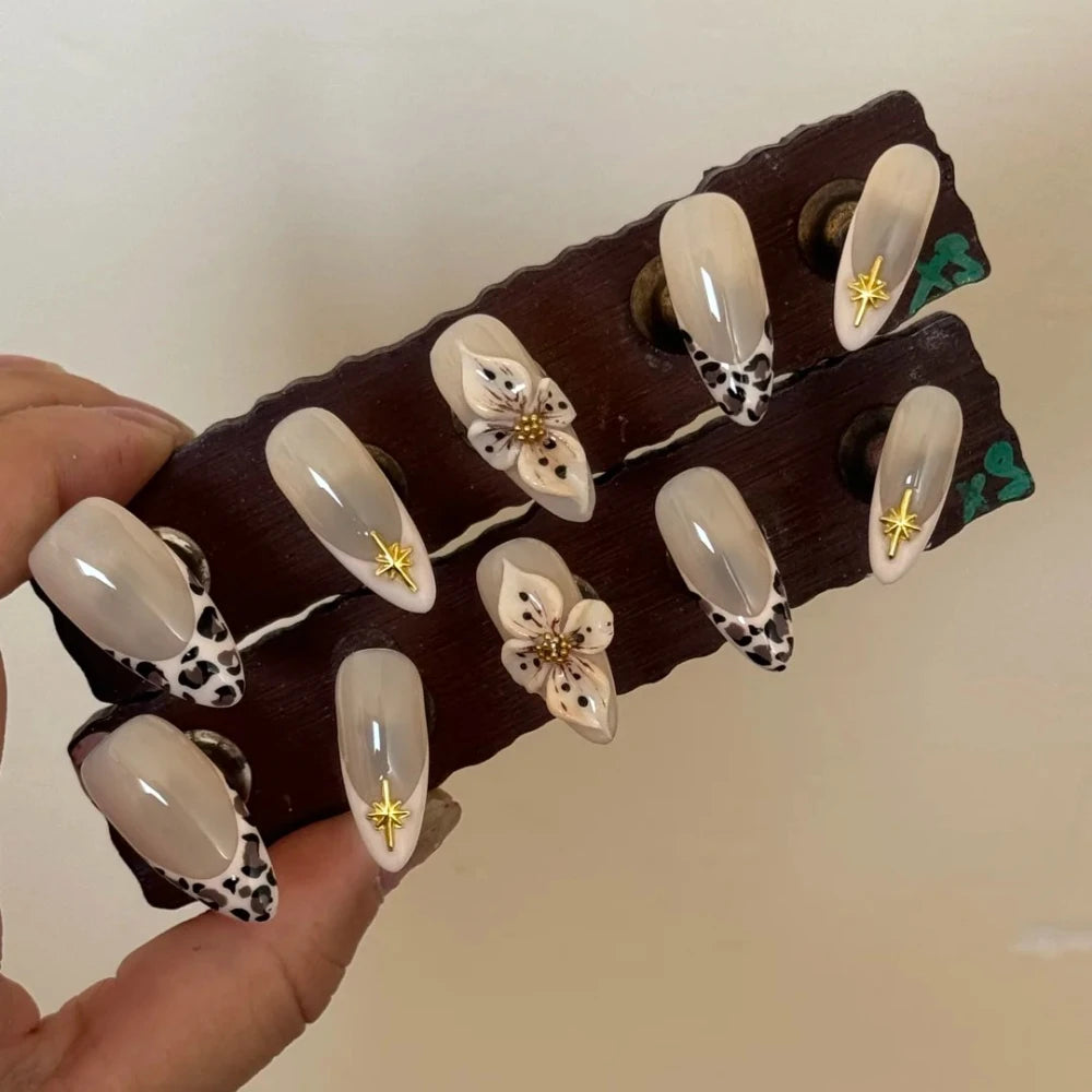 2025 Summer Trendy Handmade Nails Almond Press On Nails 10Pcs 3D Flower Design False Nails with Adhesive Glue & Nail File Set