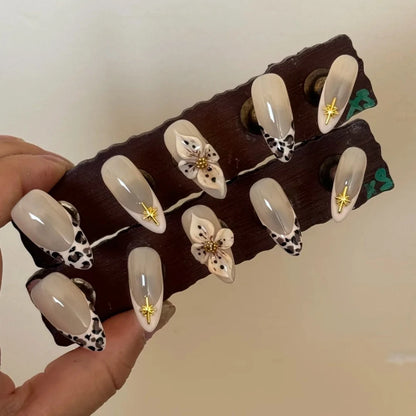 2025 Summer Trendy Handmade Nails Almond Press On Nails 10Pcs 3D Flower Design False Nails with Adhesive Glue & Nail File Set