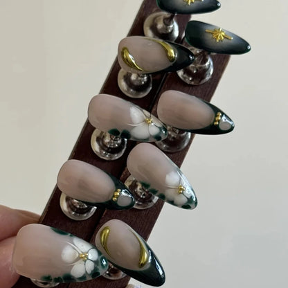 2025 Summer Trendy Handmade Nails Almond Press On Nails 10Pcs 3D Flower Design False Nails with Adhesive Glue & Nail File Set