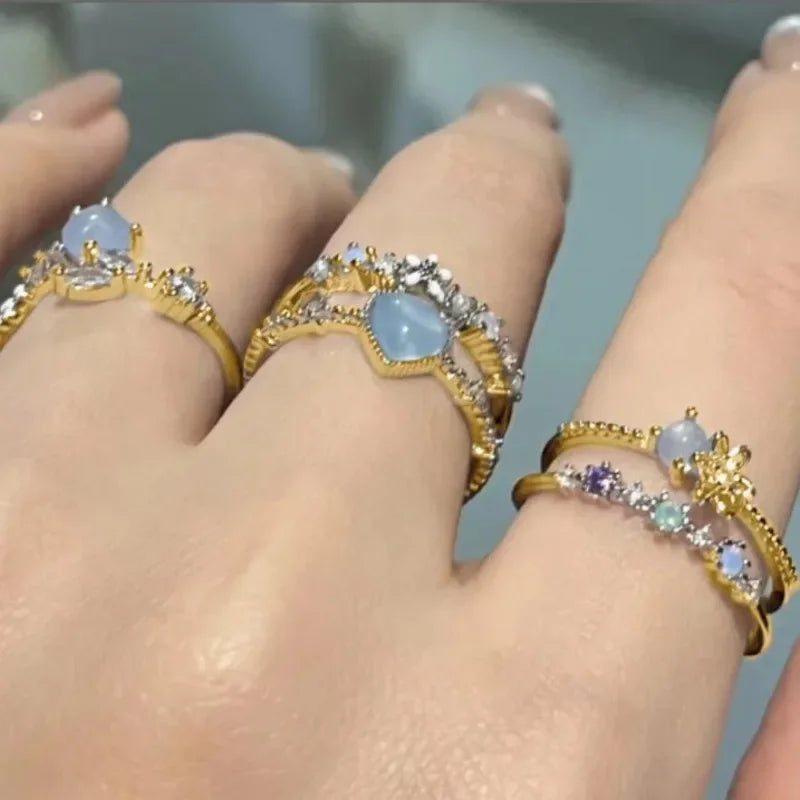 2024 Fashion Jewelry Crystal Rings Heart Adjustable Ring Irregular Geometry Punk Vintage Rings Set for Women Girls Hot Sales