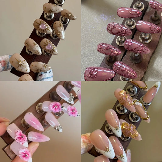 2025 Summer Trendy Handmade Nails Almond Press On Nails 10Pcs 3D Flower Design False Nails with Adhesive Glue & Nail File Set