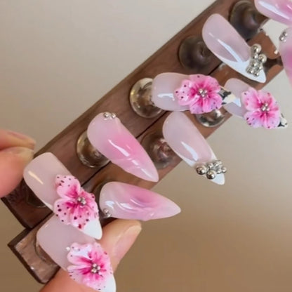 2025 Summer Trendy Handmade Nails Almond Press On Nails 10Pcs 3D Flower Design False Nails with Adhesive Glue & Nail File Set