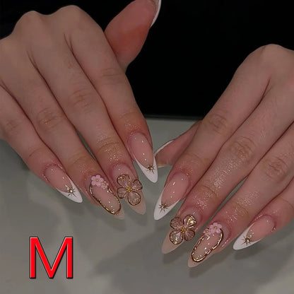 10PCS Almond Shaped Fake Nails 3D Golden Flower Nails Golden Star Vortex Design French Pointed Fake Nails Acrylic Fake Nails