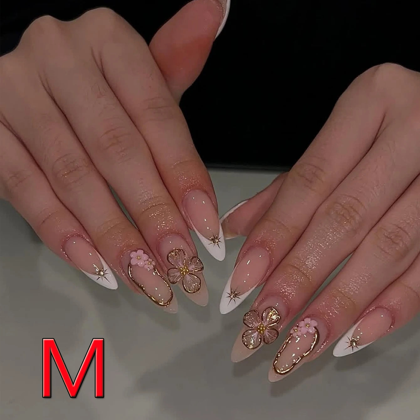 10PCS Almond Shaped Fake Nails 3D Golden Flower Nails Golden Star Vortex Design French Pointed Fake Nails Acrylic Fake Nails