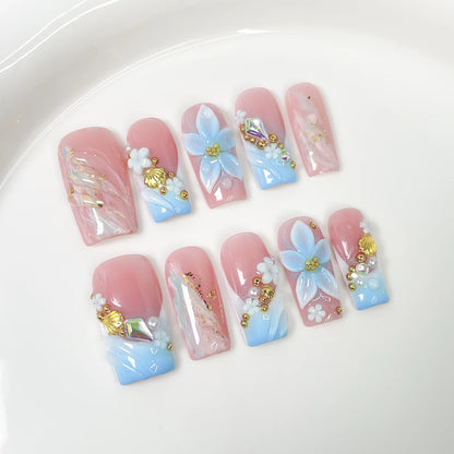 10Pcs Sweet Pink Flower Designs French Fake Nail Art Handmade Coffin Press on Nail Autumn White Floral Fashion Acrylic Nail Tool