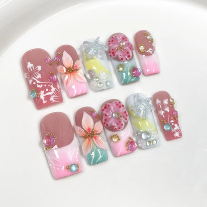 10Pcs Sweet Pink Flower Designs French Fake Nail Art Handmade Coffin Press on Nail Autumn White Floral Fashion Acrylic Nail Tool