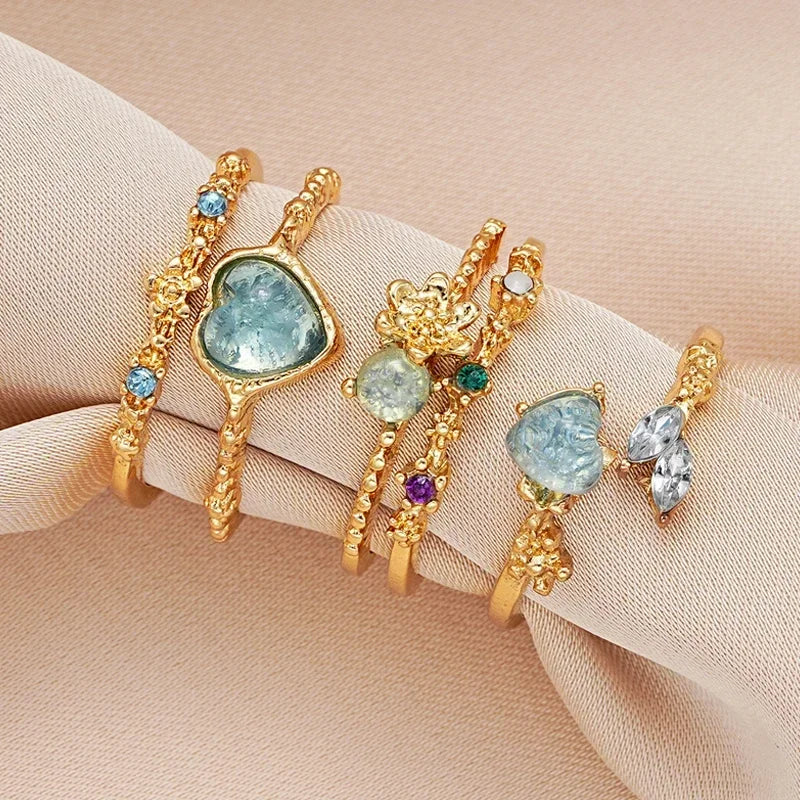 2024 Fashion Jewelry Crystal Rings Heart Adjustable Ring Irregular Geometry Punk Vintage Rings Set for Women Girls Hot Sales