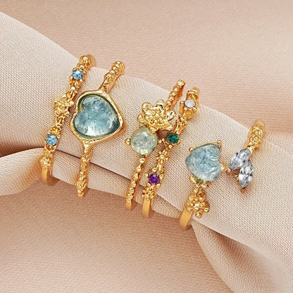 2024 Fashion Jewelry Crystal Rings Heart Adjustable Ring Irregular Geometry Punk Vintage Rings Set for Women Girls Hot Sales