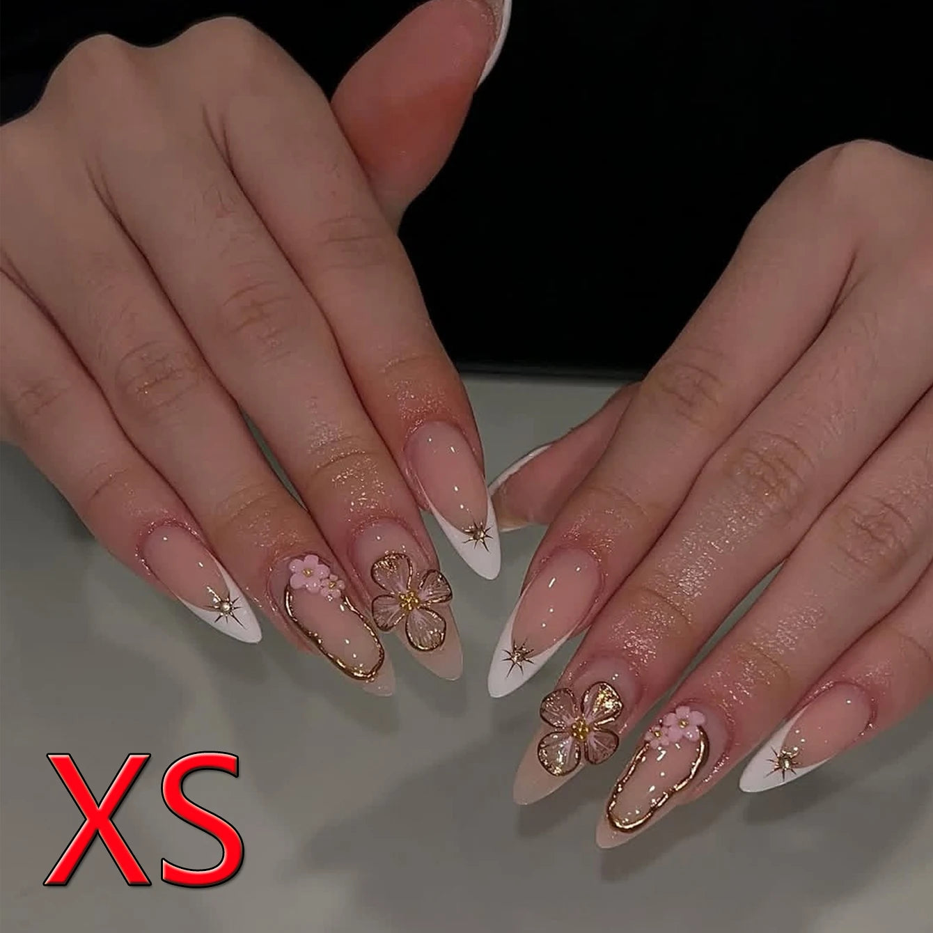 10PCS Almond Shaped Fake Nails 3D Golden Flower Nails Golden Star Vortex Design French Pointed Fake Nails Acrylic Fake Nails