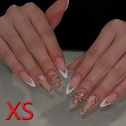 10PCS Almond Shaped Fake Nails 3D Golden Flower Nails Golden Star Vortex Design French Pointed Fake Nails Acrylic Fake Nails