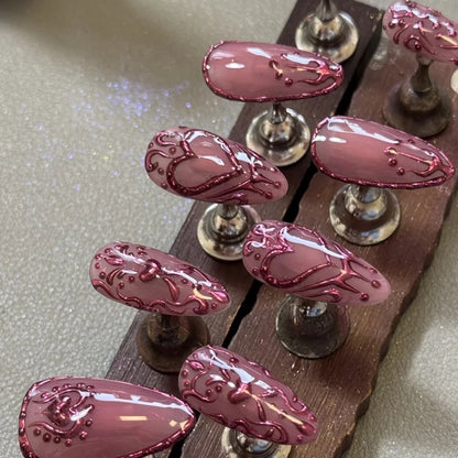 2025 Summer Trendy Handmade Nails Almond Press On Nails 10Pcs 3D Flower Design False Nails with Adhesive Glue & Nail File Set