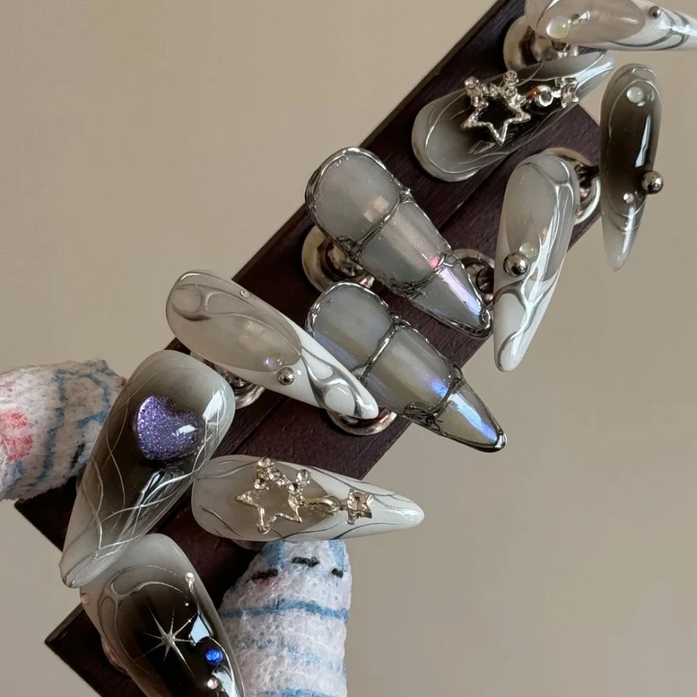 2025 Summer Trendy Handmade Nails Almond Press On Nails 10Pcs 3D Flower Design False Nails with Adhesive Glue & Nail File Set