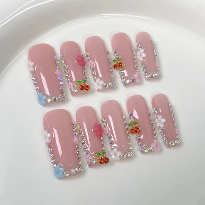10Pcs Sweet Pink Flower Designs French Fake Nail Art Handmade Coffin Press on Nail Autumn White Floral Fashion Acrylic Nail Tool