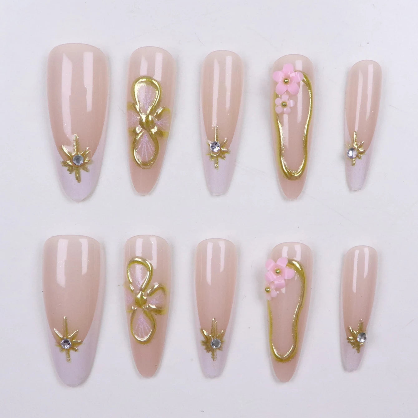 10PCS Almond Shaped Fake Nails 3D Golden Flower Nails Golden Star Vortex Design French Pointed Fake Nails Acrylic Fake Nails
