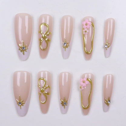 10PCS Almond Shaped Fake Nails 3D Golden Flower Nails Golden Star Vortex Design French Pointed Fake Nails Acrylic Fake Nails