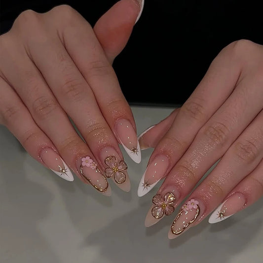 10PCS Almond Shaped Fake Nails 3D Golden Flower Nails Golden Star Vortex Design French Pointed Fake Nails Acrylic Fake Nails