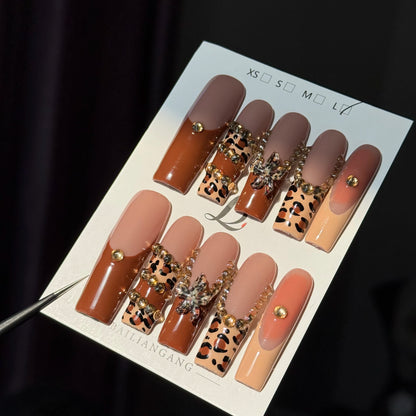 10pcs high-end Maillard color series, hand-painted leopard print, three-dimensional carvings, shiny small diamonds handmade Fren