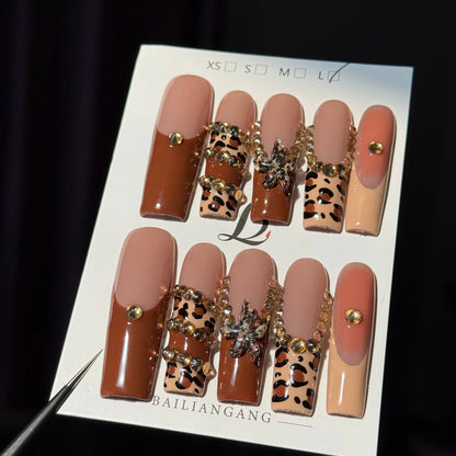 10pcs high-end Maillard color series, hand-painted leopard print, three-dimensional carvings, shiny small diamonds handmade Fren