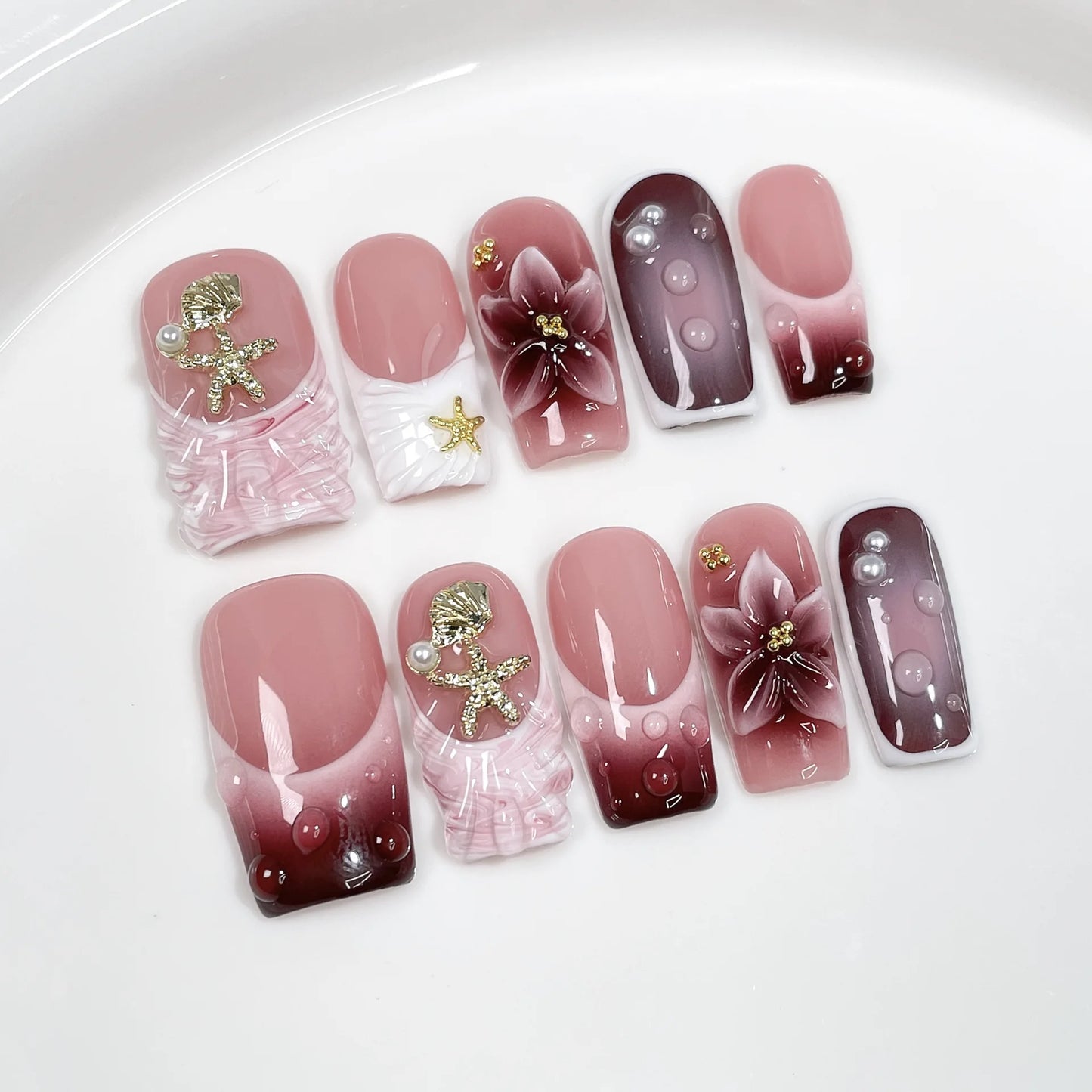 10Pcs Sweet Pink Flower Designs French Fake Nail Art Handmade Coffin Press on Nail Autumn White Floral Fashion Acrylic Nail Tool
