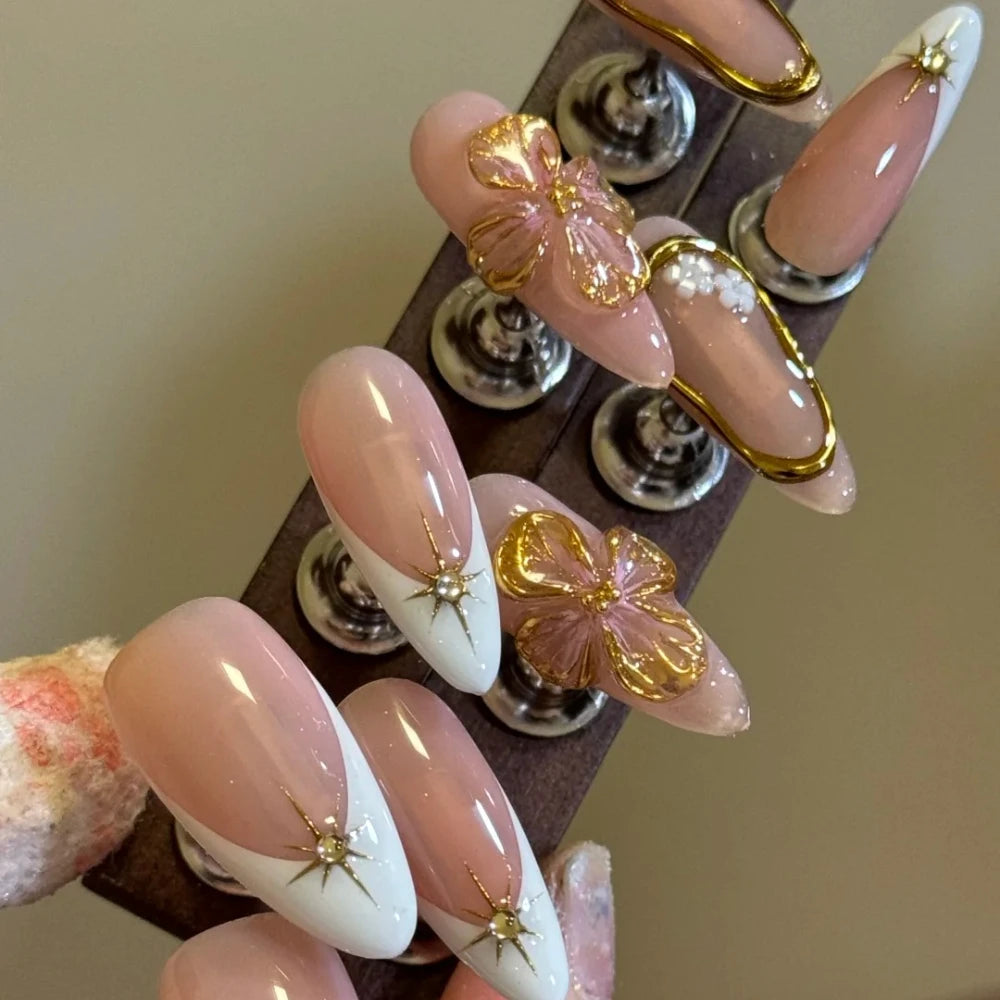 2025 Summer Trendy Handmade Nails Almond Press On Nails 10Pcs 3D Flower Design False Nails with Adhesive Glue & Nail File Set