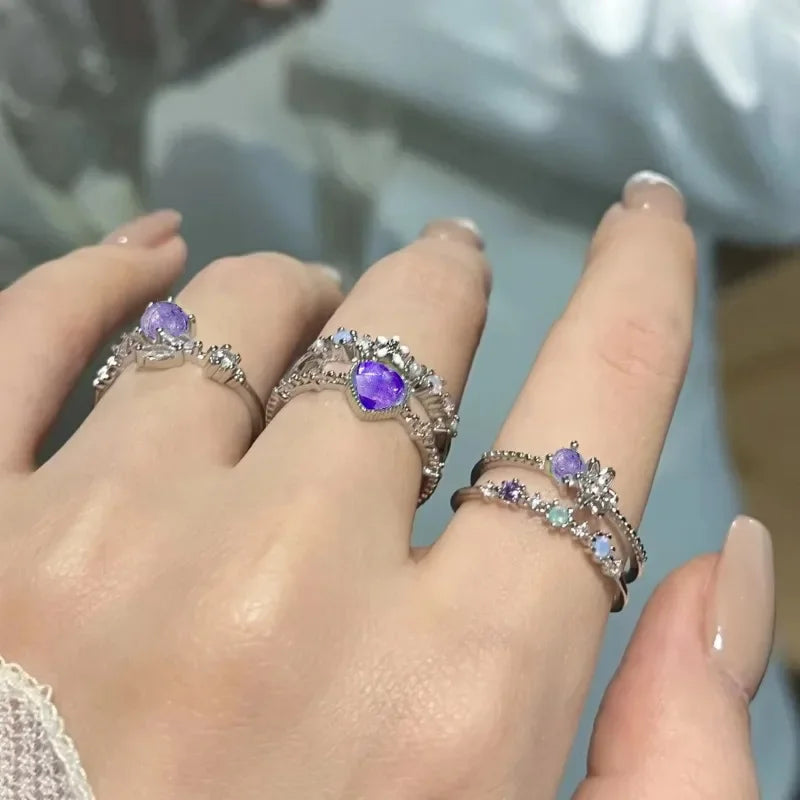 2024 Fashion Jewelry Crystal Rings Heart Adjustable Ring Irregular Geometry Punk Vintage Rings Set for Women Girls Hot Sales