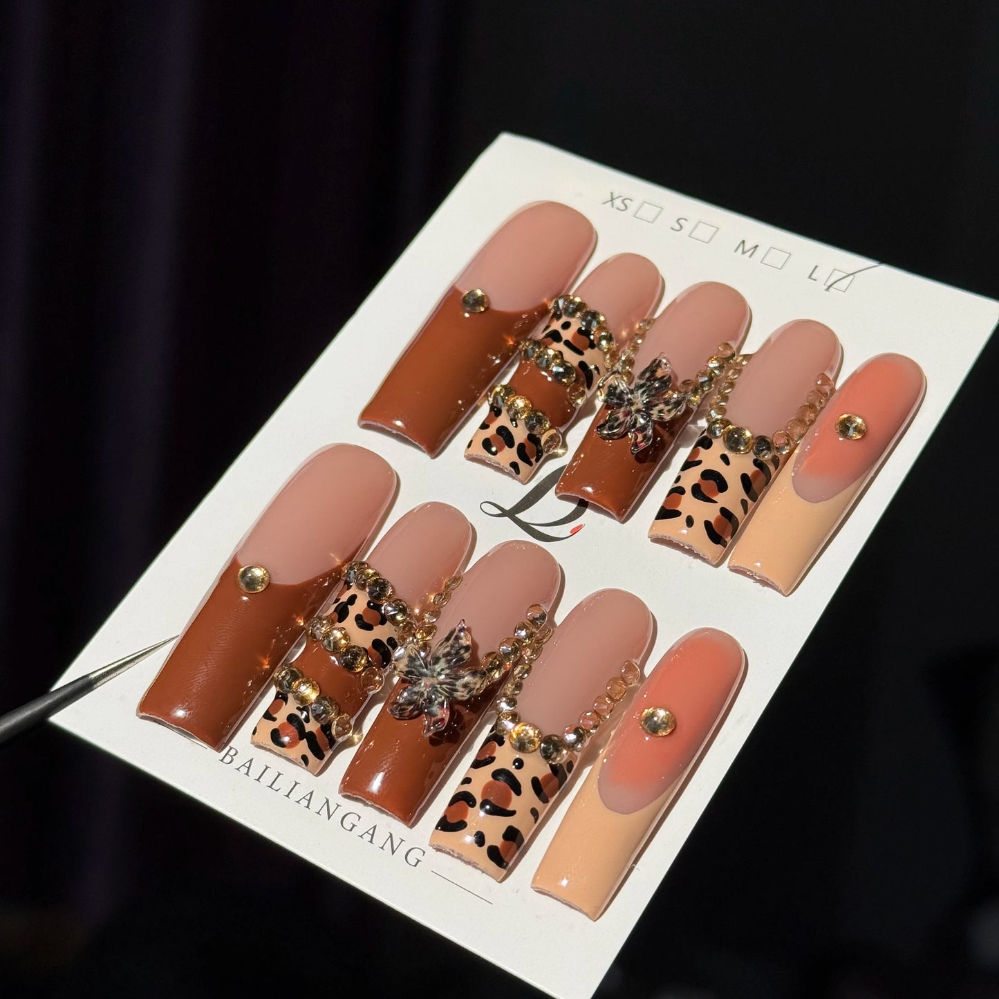 10pcs high-end Maillard color series, hand-painted leopard print, three-dimensional carvings, shiny small diamonds handmade Fren