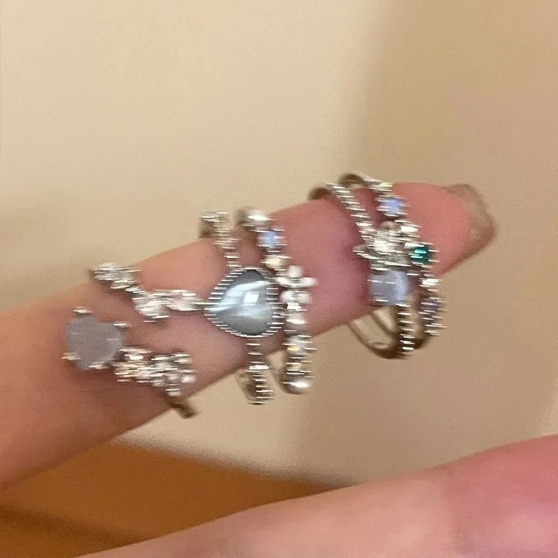 2024 Fashion Jewelry Crystal Rings Heart Adjustable Ring Irregular Geometry Punk Vintage Rings Set for Women Girls Hot Sales
