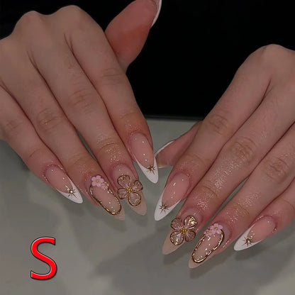 10PCS Almond Shaped Fake Nails 3D Golden Flower Nails Golden Star Vortex Design French Pointed Fake Nails Acrylic Fake Nails