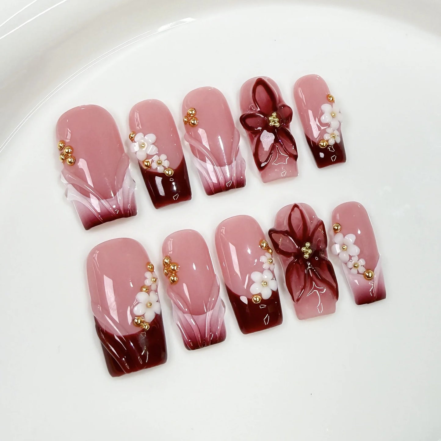 10Pcs Sweet Pink Flower Designs French Fake Nail Art Handmade Coffin Press on Nail Autumn White Floral Fashion Acrylic Nail Tool